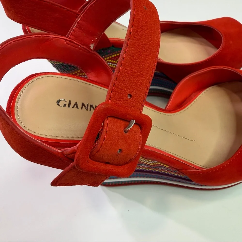 Gianni Bini Red Multicolor Embroidered Wedge Sandals